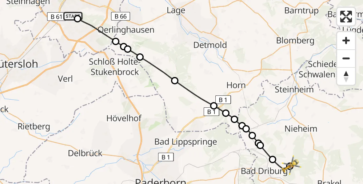 Flugroute Rettungshubschrauber Luftrettungszentrum Bielefeld - Bad Driburg, 15 Februar 2026, 07:43