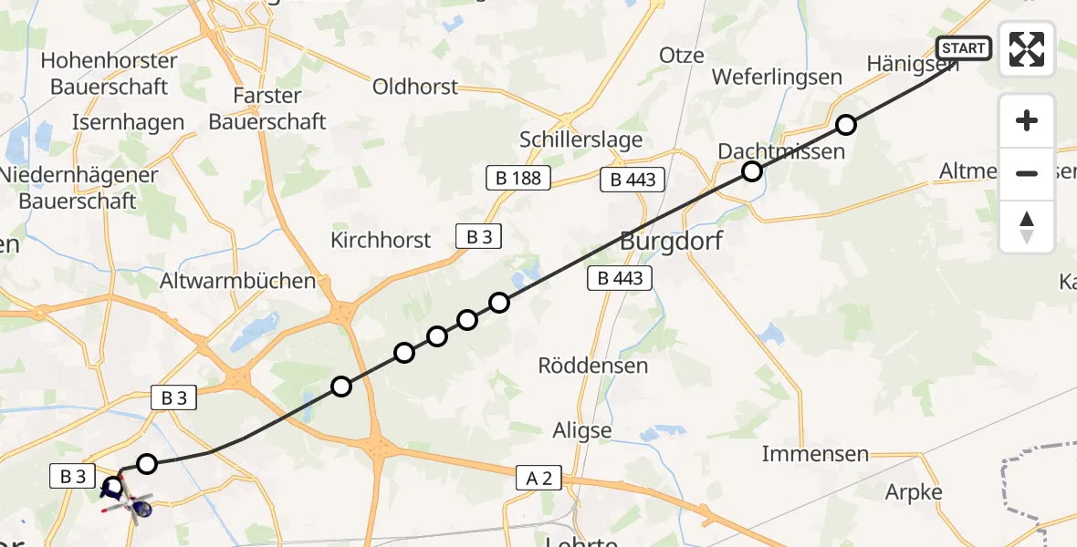 Flugroute Polizeihubschrauber Hägewiesen - Hannover Air Rescue Heliport (Christoph 4), 15 Februar 2026, 07:48