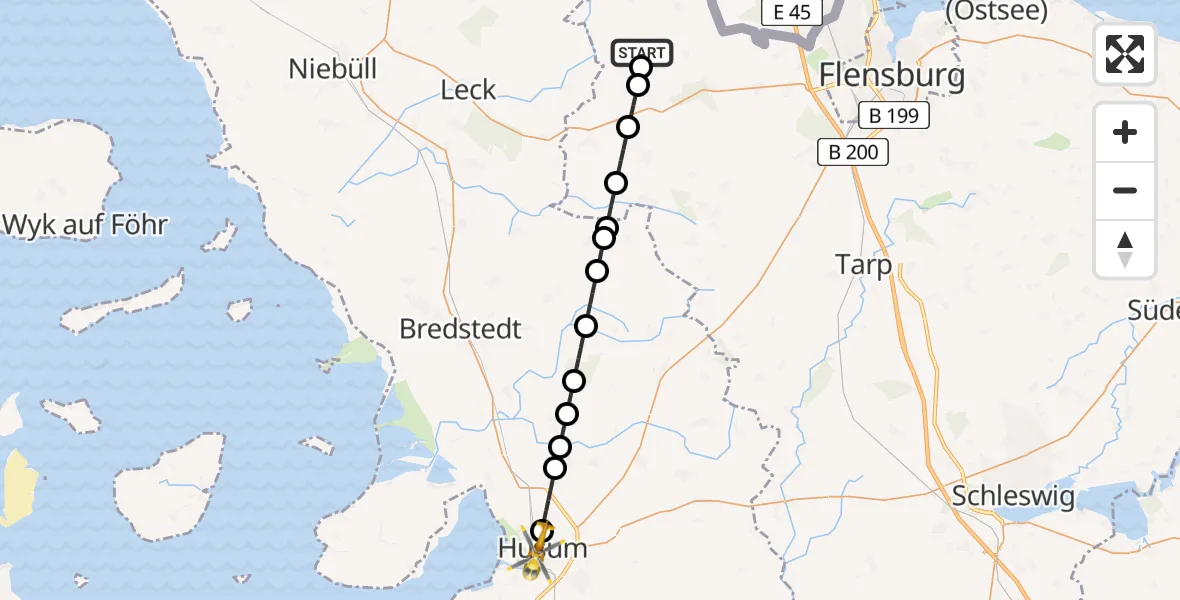 Flugroute Rettungshubschrauber Medelby - Husum, 15 Februar 2026, 07:50