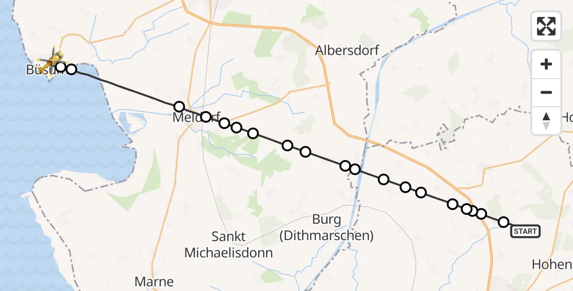 Flugroute Rettungshubschrauber Hohenaspe - Büsum, 15 Februar 2026, 08:05