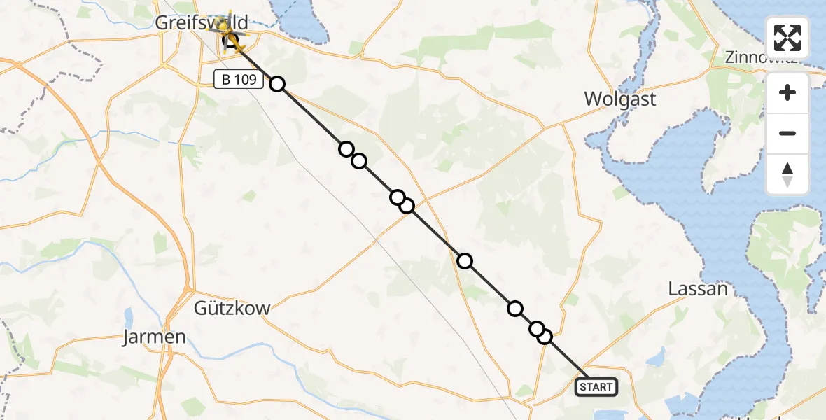 Routekaart van de vlucht: Rettungshubschrauber nach Greifswald Hospital Heliport