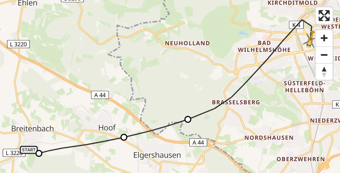 Flugroute Rettungshubschrauber Breitenbach - Kassel, 15 Februar 2026, 08:08