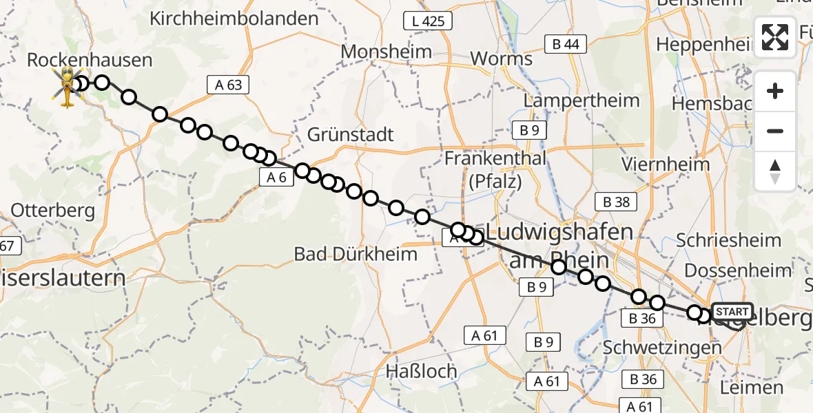 Flugroute Rettungshubschrauber Heidelberg - Imsweiler UL, 15 Februar 2026, 08:20