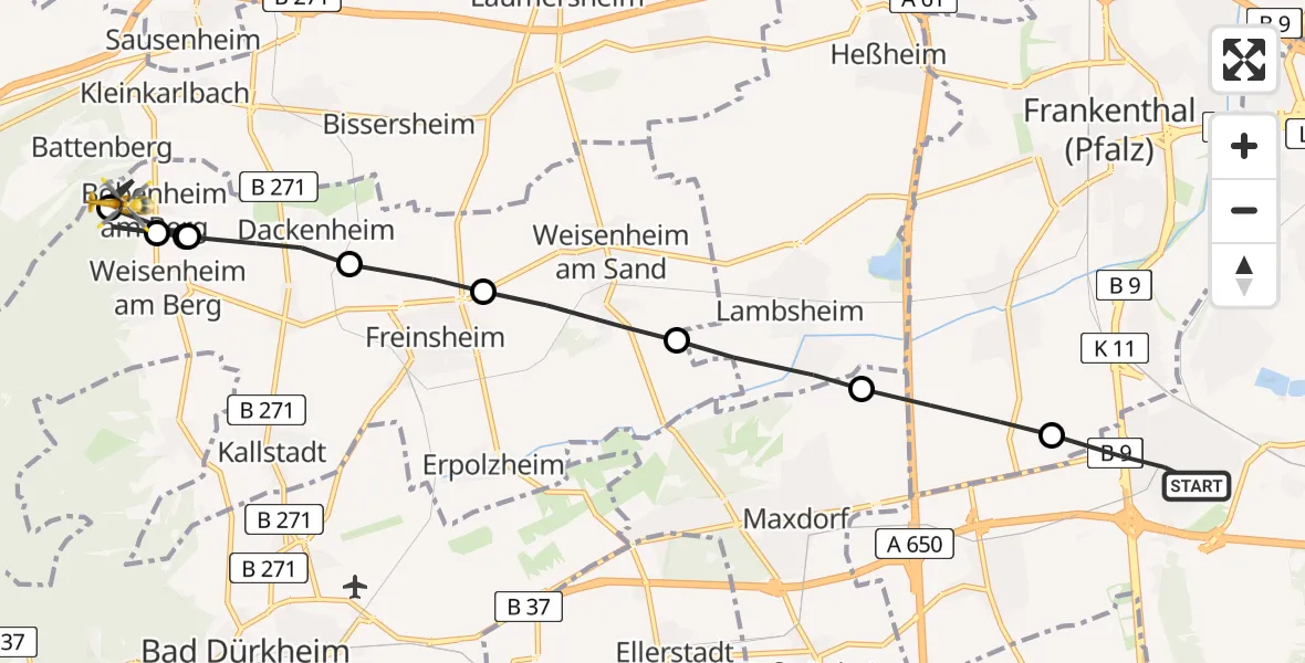 Flugroute Rettungshubschrauber Ludwigshafen am Rhein - Bobenheim am Berg, 15 Februar 2026, 08:21