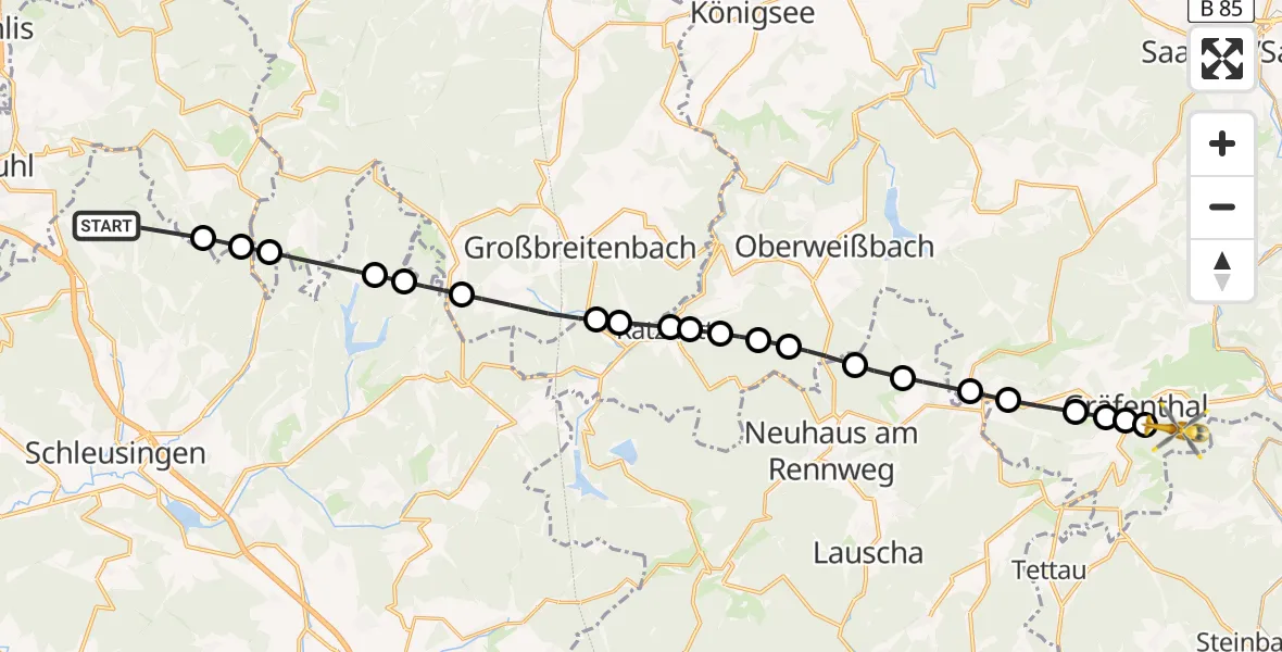 Flugroute Rettungshubschrauber St. Kilian - Gräfenthal, 15 Februar 2026, 08:21