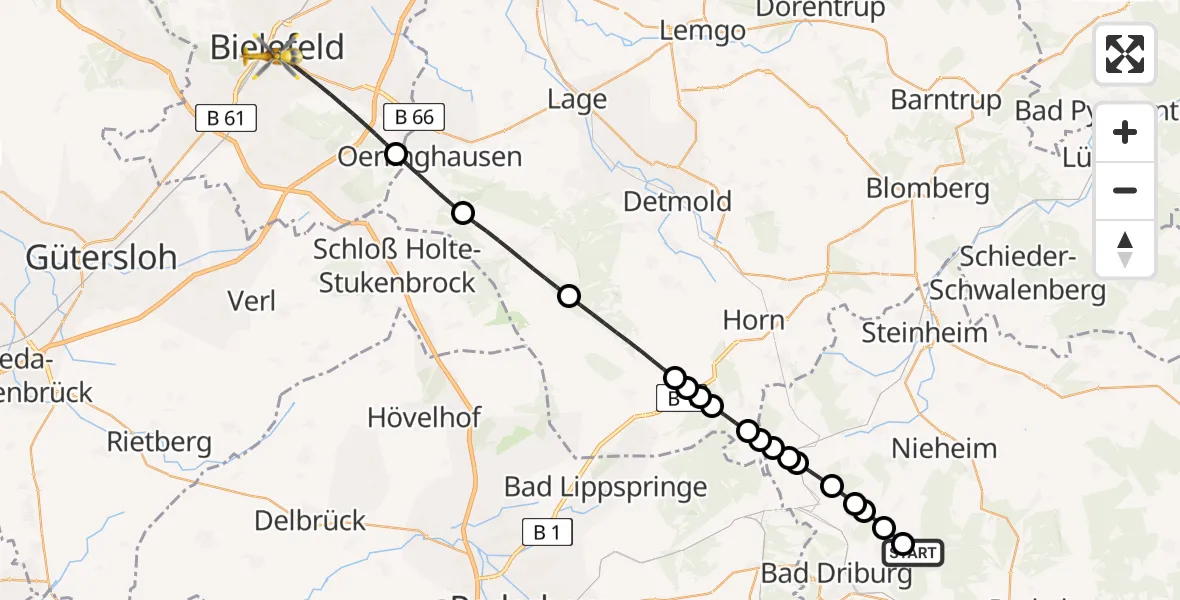 Flugroute Rettungshubschrauber Bad Driburg - Bielefeld, 15 Februar 2026, 08:21