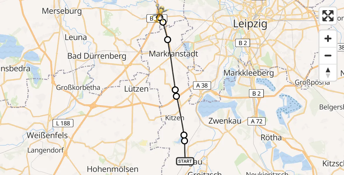 Flugroute Rettungshubschrauber Carsdorf - ADAC Air Rescue Station Leipzig/Schkeuditz-Dölzig Heliport (Christoph 61), 15 Februar 2026, 08:34