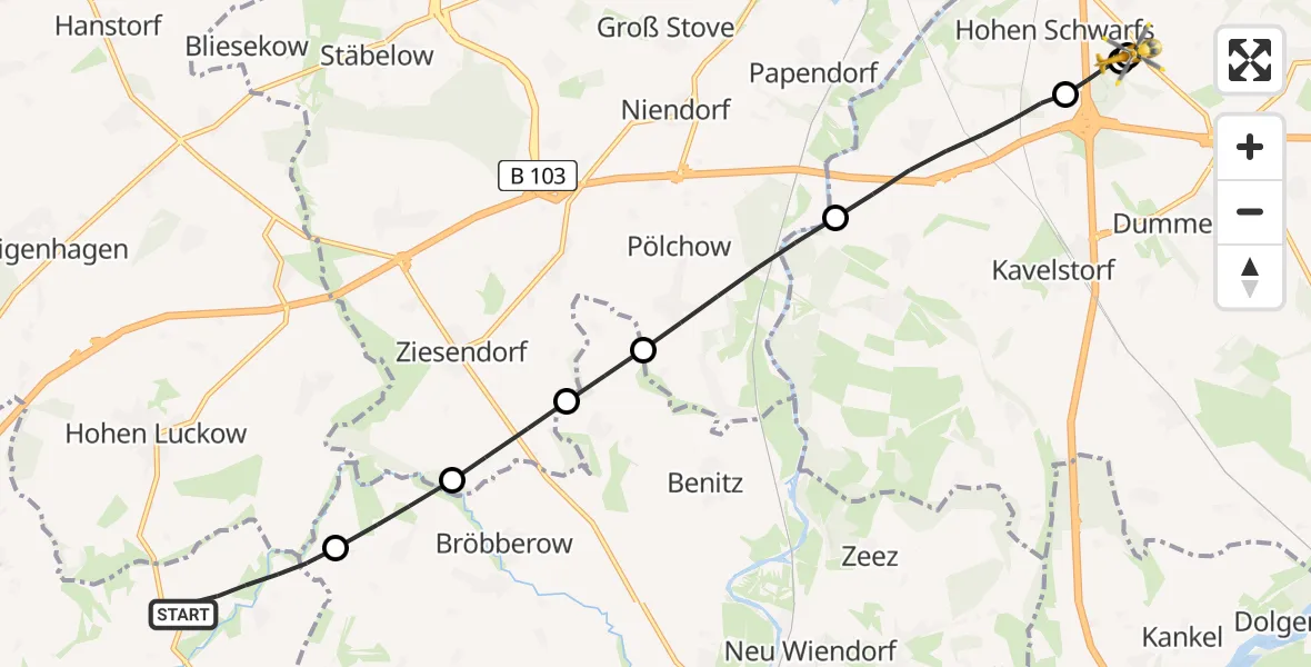 Flugroute Ambulanzhubschrauber Klein Belitz - Hohen Schwarfs, 15 Februar 2026, 08:35
