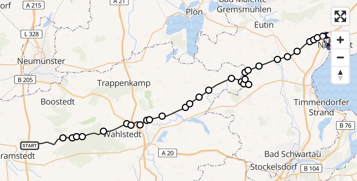 Flugroute Polizeihubschrauber Bimöhlen - Neustadt in Holstein, 15 Februar 2026, 08:37