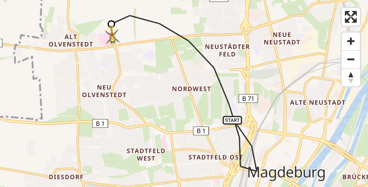 Flugroute Rettungshubschrauber Magdeburg - Magdeburg Hospital Heliport, 15 Februar 2026, 08:41