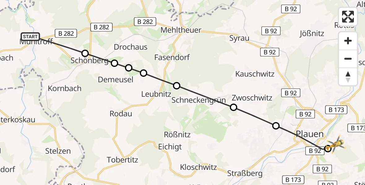 Flugroute Rettungshubschrauber Mühltroff - Helios Clinic Plauen Heliport, 15 Februar 2026, 08:53