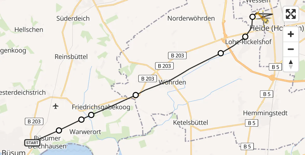 Flugroute Rettungshubschrauber Büsum - Heide, 15 Februar 2026, 08:57