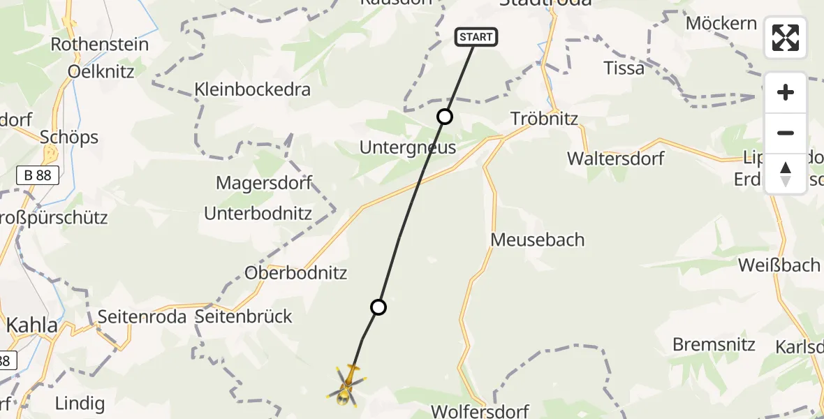 Flugroute Rettungshubschrauber Stadtroda - Trockenborn, 15 Februar 2026, 09:01