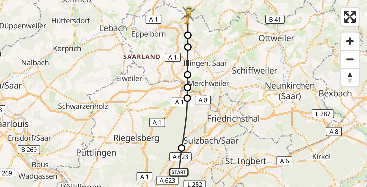 Flugroute Rettungshubschrauber Saarbrücken - Marpingen, 15 Februar 2026, 09:02