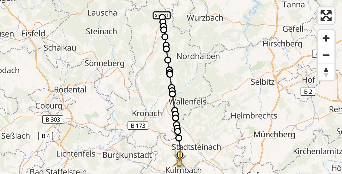 Flugroute Rettungshubschrauber Ludwigsstadt - Baumgarten, 15 Februar 2026, 09:05