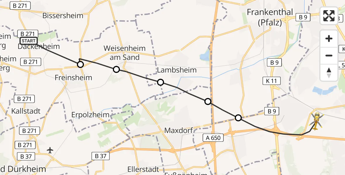 Routekaart van de vlucht: Rettungshubschrauber nach Ludwigshafen Accident Hospital Heliport