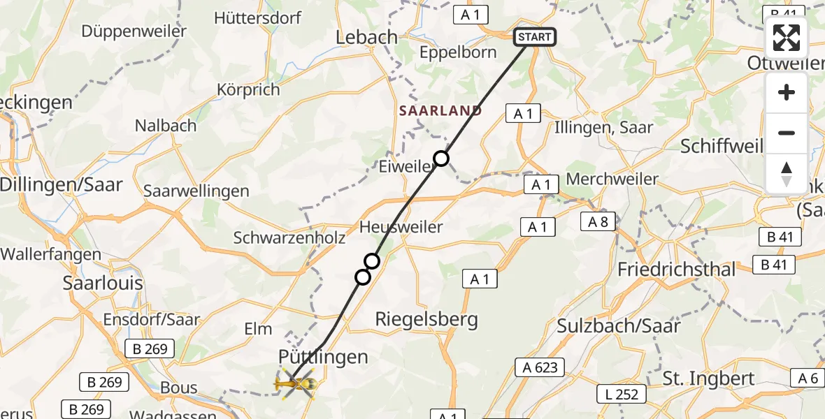 Flugroute Rettungshubschrauber Eppelborn - Püttlingen, 15 Februar 2026, 09:31