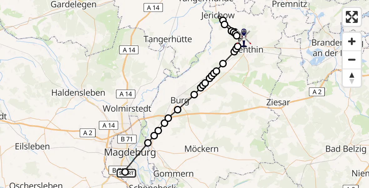 Flugroute Polizeihubschrauber Magdeburg City Airfield - Genthin, 15 Februar 2026, 09:34