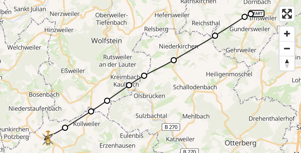Flugroute Rettungshubschrauber Imsweiler UL - Reichenbach-Steegen, 15 Februar 2026, 09:41