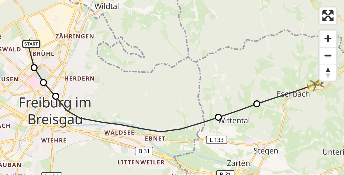 Flugroute Rettungshubschrauber Freiburg im Breisgau Airfield - Eschbach, 15 Februar 2026, 09:44