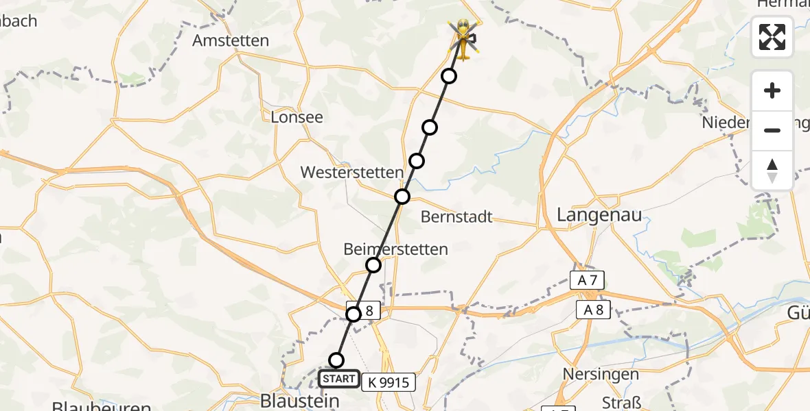 Flugroute Rettungshubschrauber ADAC Air Rescue Station Ulm (Christoph 22) - Altheim (Alb), 15 Februar 2026, 09:47