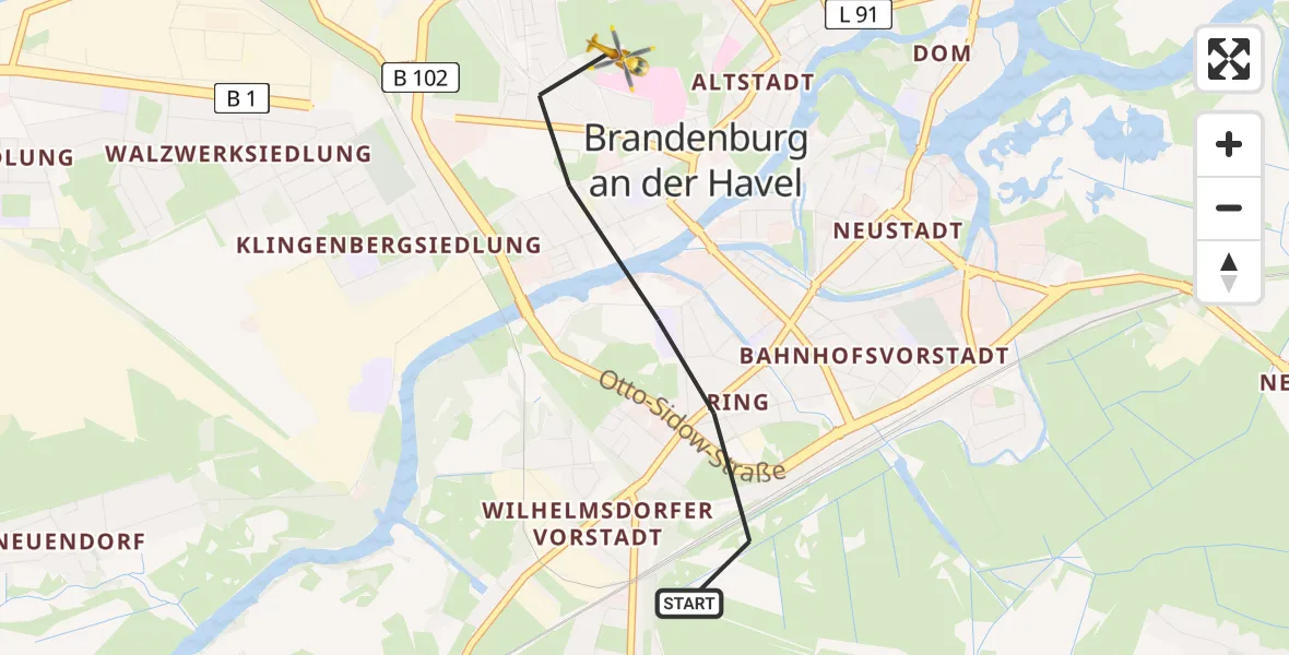 Flugroute Rettungshubschrauber Brandenburg an der Havel - Brandenburg an der Havel, 15 Februar 2026, 09:54