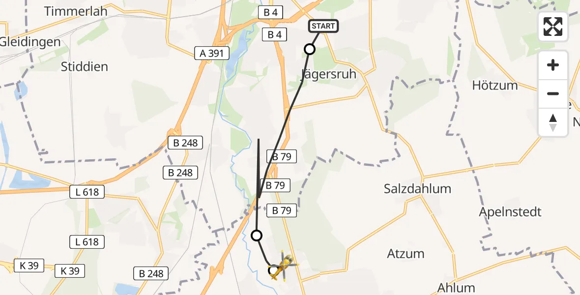 Routekaart van de vlucht: Rettungshubschrauber nach Wolfenbüttel Municipal Hospital Heliport (Christoph 30)