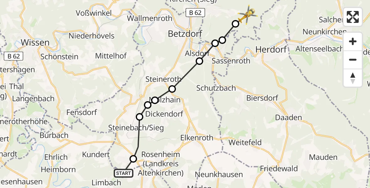 Flugroute Rettungshubschrauber Limbach - Kirchen (Sieg), 15 Februar 2026, 10:01