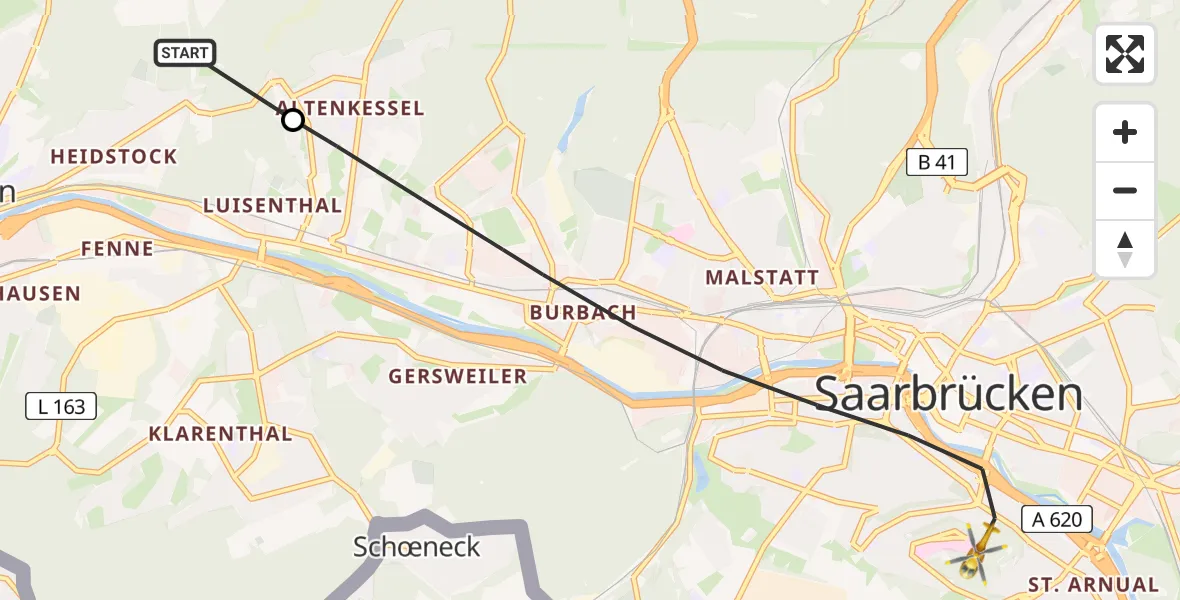 Flugroute Rettungshubschrauber Völklingen - Saarbrücken, 15 Februar 2026, 10:02