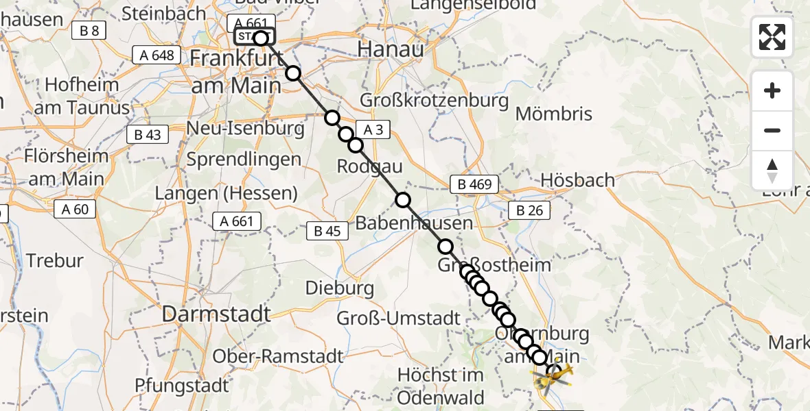 Flugroute Rettungshubschrauber Frankfurt am Main Accident Hospital Roof Helipad (CHX2) - Helios Clinic Erlenbach Heliport, 15 Februar 2026, 10:05