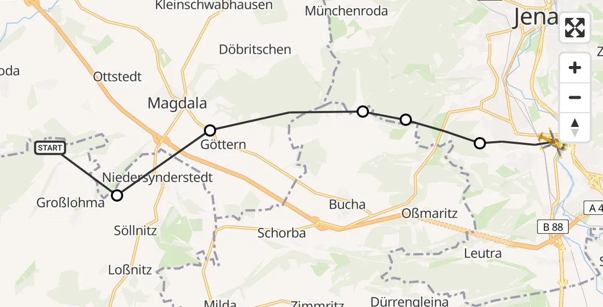 Flugroute Rettungshubschrauber Großlohma - Jena, 15 Februar 2026, 10:07