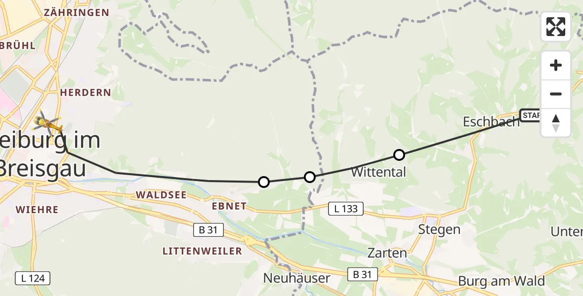Routekaart van de vlucht: Rettungshubschrauber nach Freiburg im Breisgau, Sautierstraße