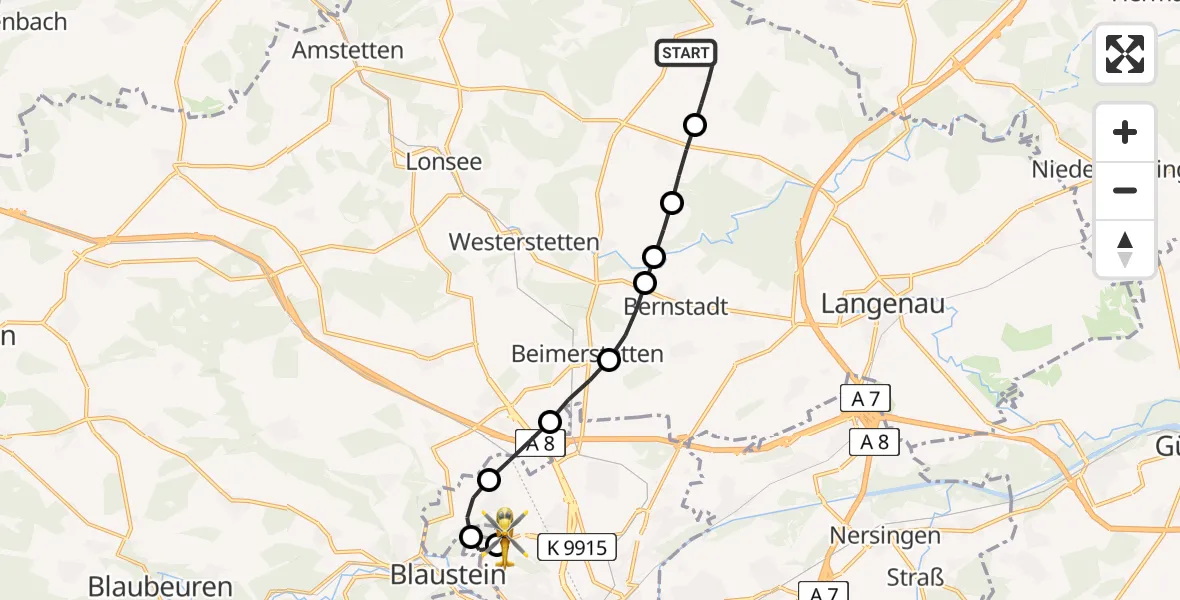 Flugroute Rettungshubschrauber Altheim (Alb) - ADAC Air Rescue Station Ulm (Christoph 22), 15 Februar 2026, 10:19