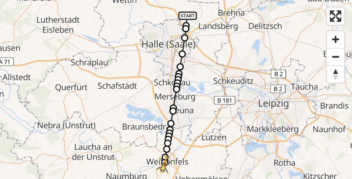 Routekaart van de vlucht: Rettungshubschrauber nach Asklepios Clinic Weißenfels Heliport