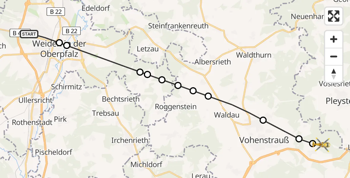 Flugroute Rettungshubschrauber Weiden in der Oberpfalz - Vohenstrauß, 15 Februar 2026, 10:24