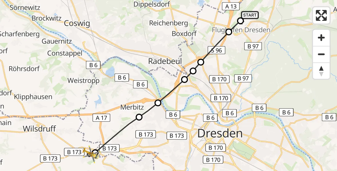 Flugroute Rettungshubschrauber Dresden Federal Police Heliport - Wilsdruff, 15 Februar 2026, 10:38