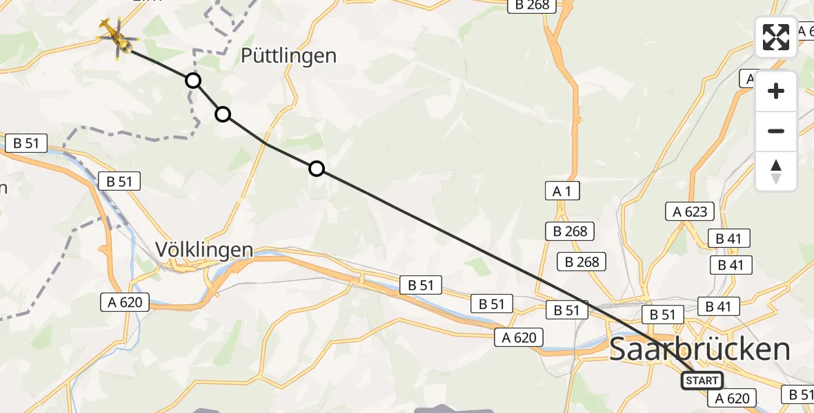 Flugroute Rettungshubschrauber Saarbrücken - Elm, 15 Februar 2026, 10:43