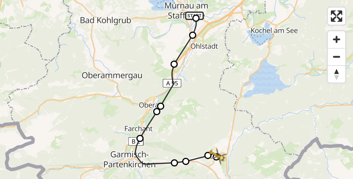Flugroute Rettungshubschrauber Murnau Accident Hospital Heliport - Krün, 15 Februar 2026, 10:47
