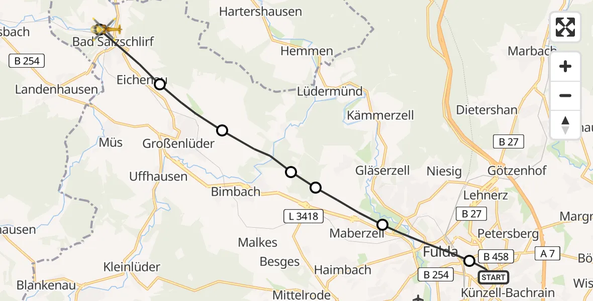 Flugroute Rettungshubschrauber Fulda Hospital Heliport - Bad Salzschlirf, 15 Februar 2026, 10:55