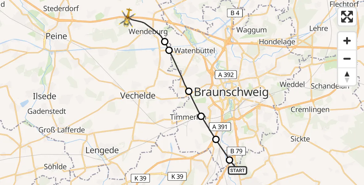 Flugroute Rettungshubschrauber Wolfenbüttel - Wendeburg, 15 Februar 2026, 10:59