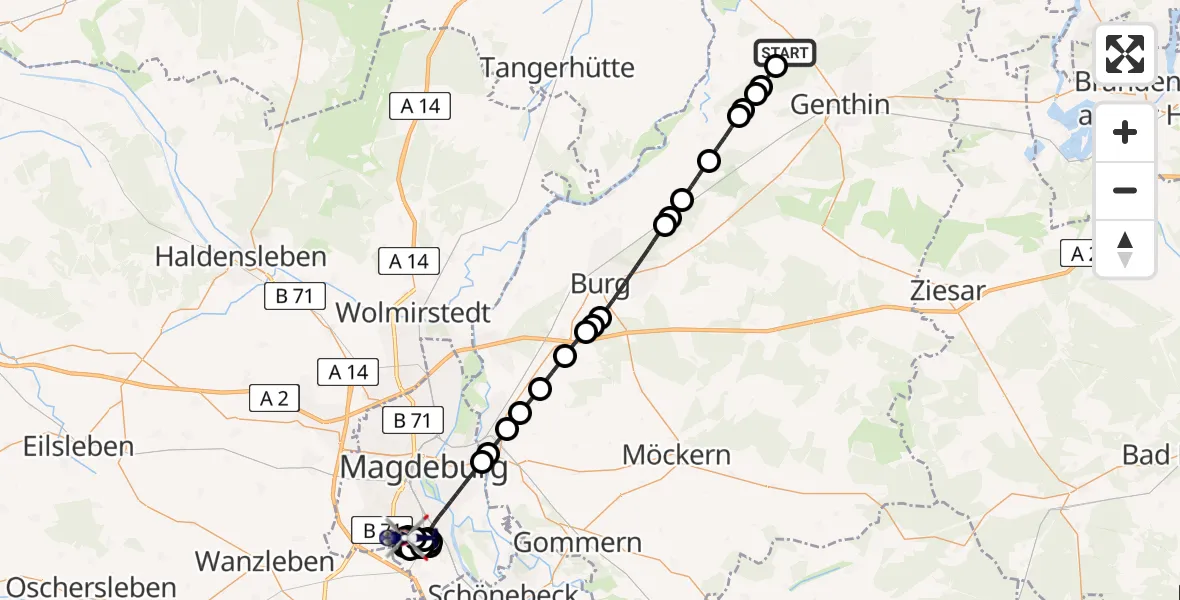 Flugroute Polizeihubschrauber Scharteucke - Magdeburg City Airfield, 15 Februar 2026, 11:00