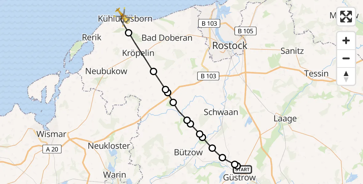 Flugroute Rettungshubschrauber Güstrow - Kühlungsborn, 15 Februar 2026, 11:02