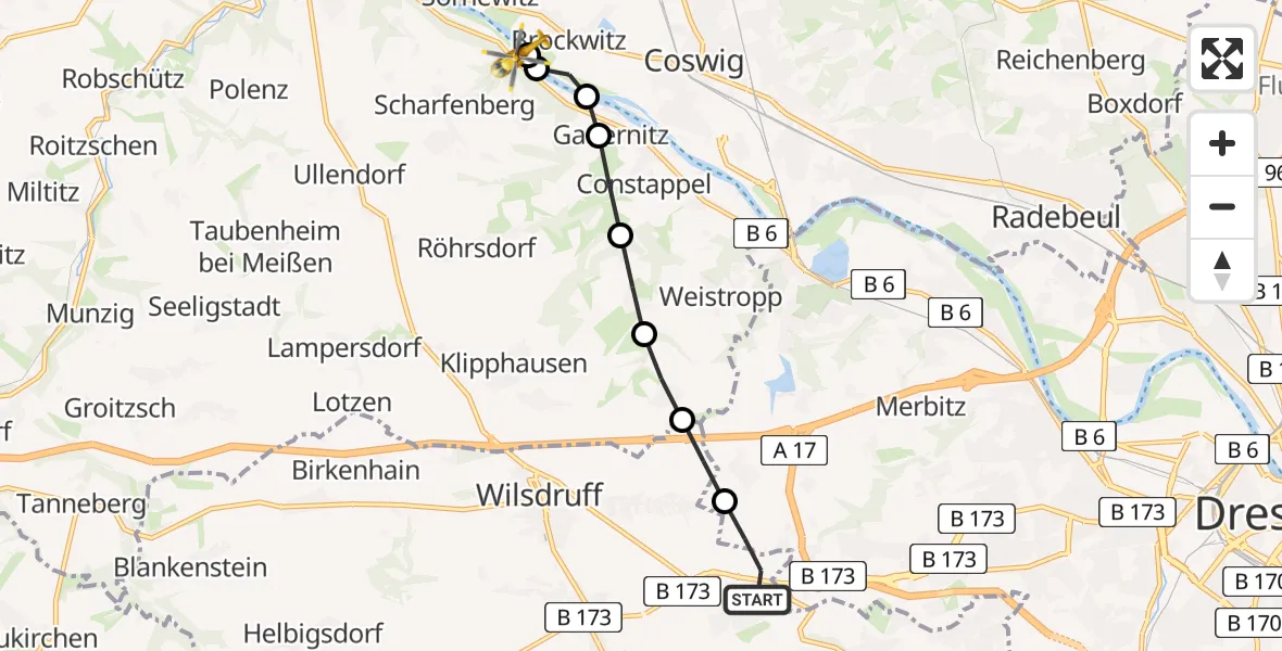 Flugroute Rettungshubschrauber Wilsdruff - Scharfenberg, 15 Februar 2026, 11:12