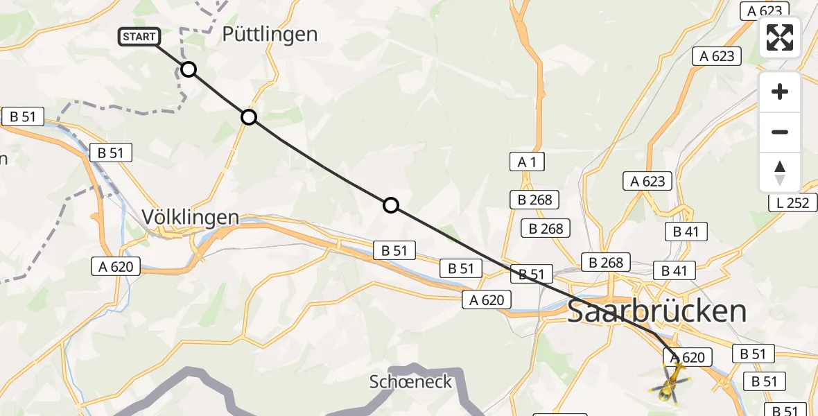 Flugroute Rettungshubschrauber Elm - Saarbrücken, 15 Februar 2026, 11:16