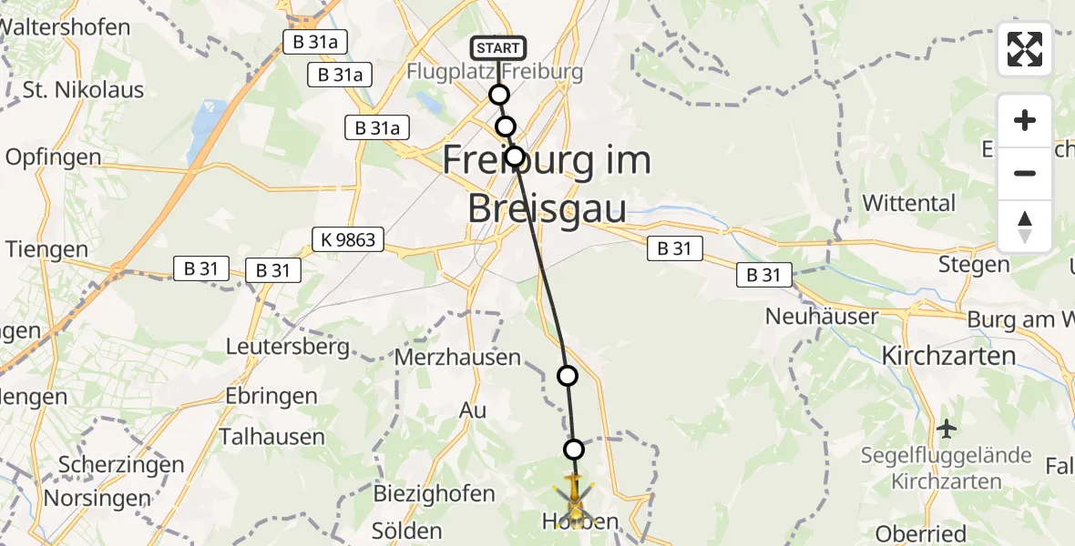 Flugroute Rettungshubschrauber Freiburg im Breisgau Airfield - Horben, 15 Februar 2026, 11:18