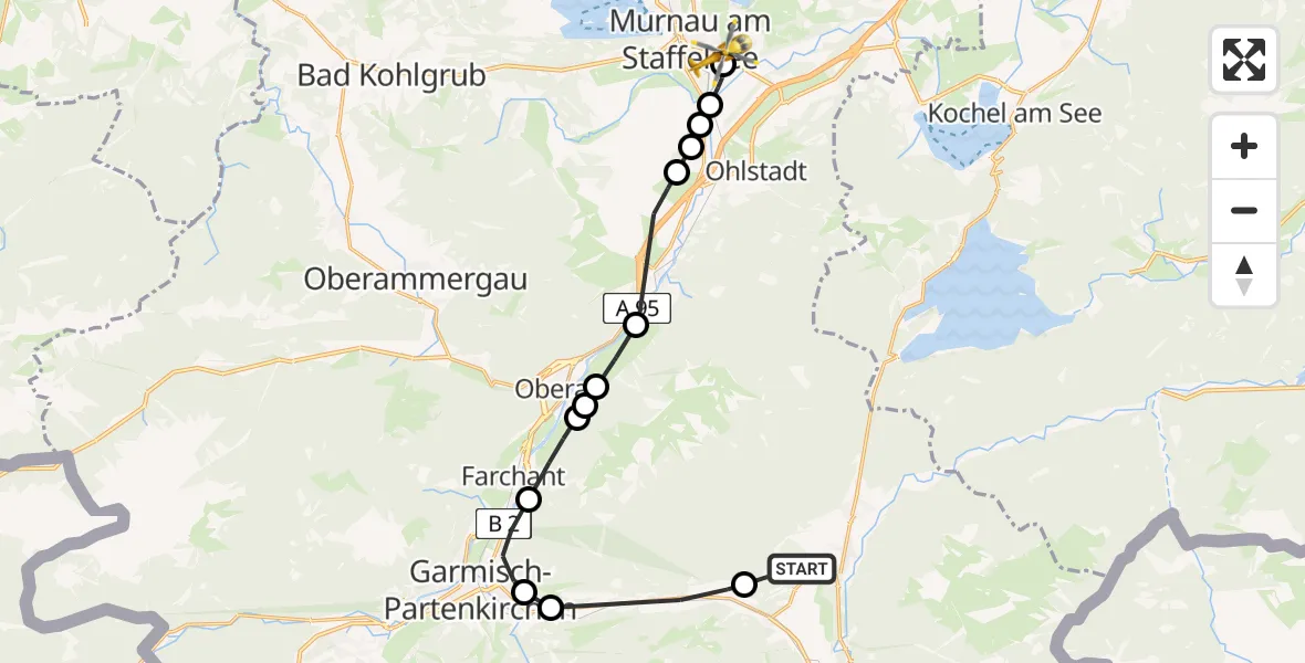 Flugroute Rettungshubschrauber Krün - Murnau Accident Hospital Heliport, 15 Februar 2026, 11:27