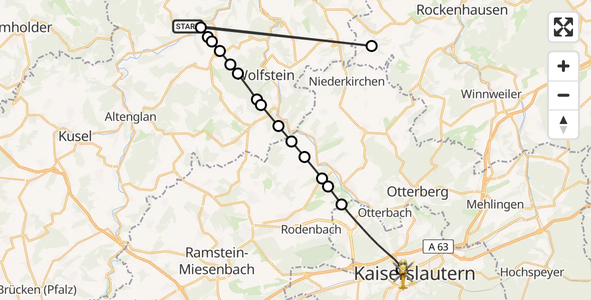 Flugroute Rettungshubschrauber Glanbrücken - Westpfalz Hospital Kaiserslautern Heliport, 15 Februar 2026, 11:29