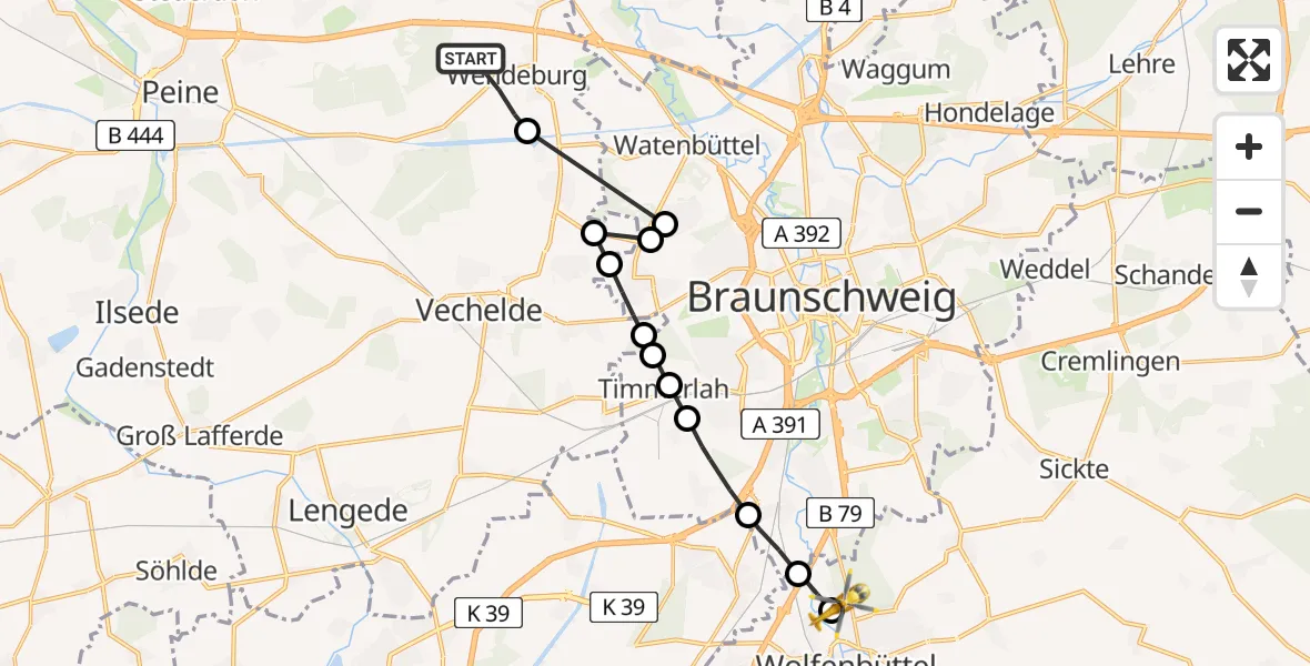 Flugroute Rettungshubschrauber Wendeburg - Wolfenbüttel Municipal Hospital Heliport (Christoph 30), 15 Februar 2026, 11:31