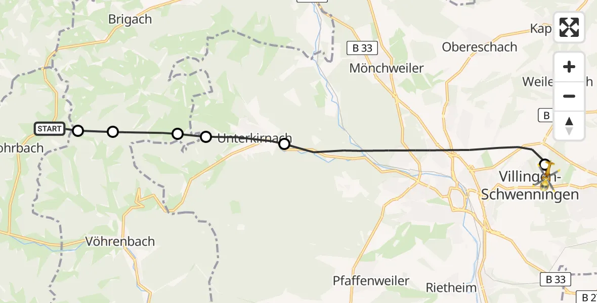 Routekaart van de vlucht: Rettungshubschrauber nach DRF Air Rescue Station Villingen-Schwenningen Heliport (Christoph 11)