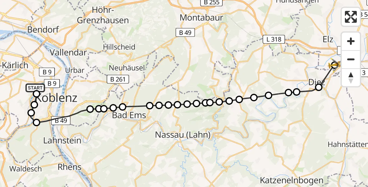 Flugroute Rettungshubschrauber Koblenz - Saint Vincent Hospital Limburg Heliport, 15 Februar 2026, 11:42